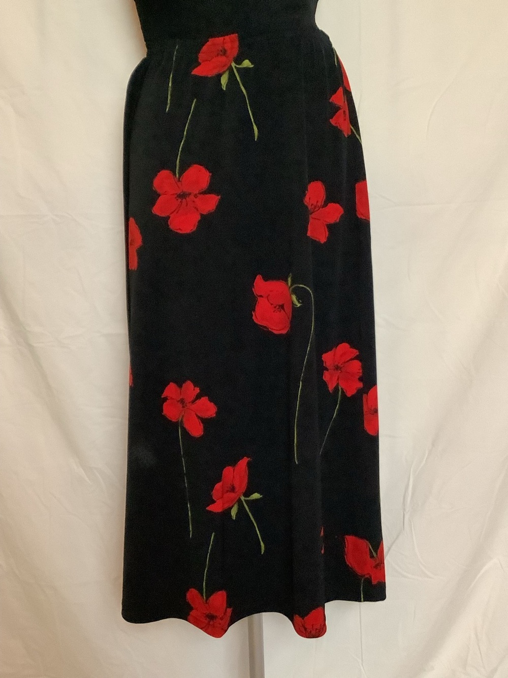 Talbots Vintage Stretch Knit Maxi Skirt-Black with Red Flowers-Elastic Waist-6